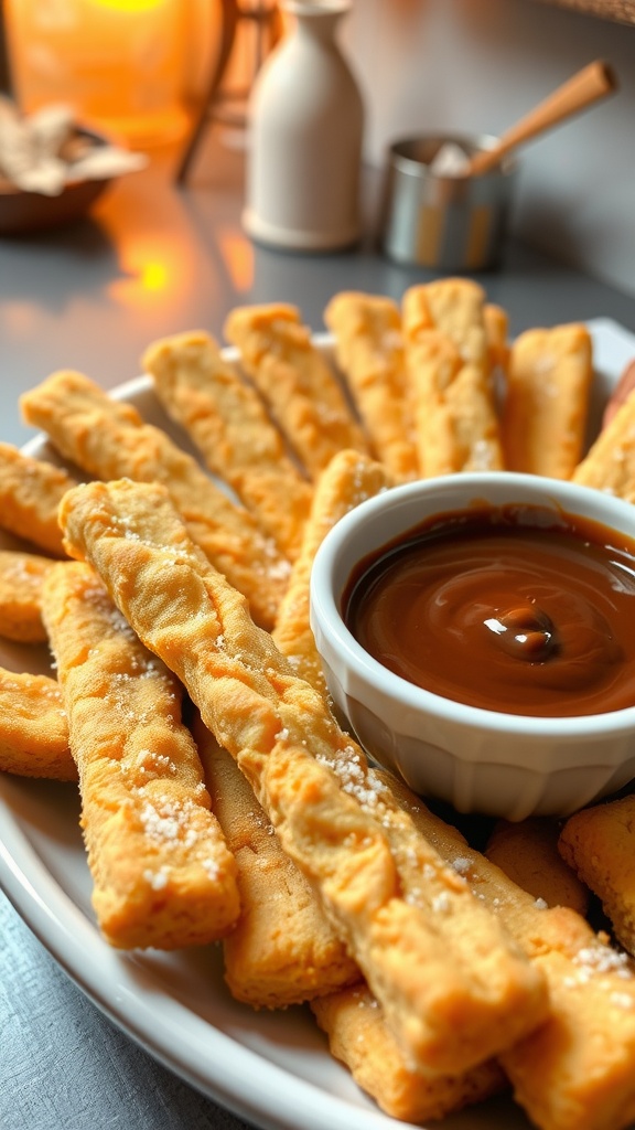 Crunchy cookie sticks served with chocolate sauce on a wooden platter.